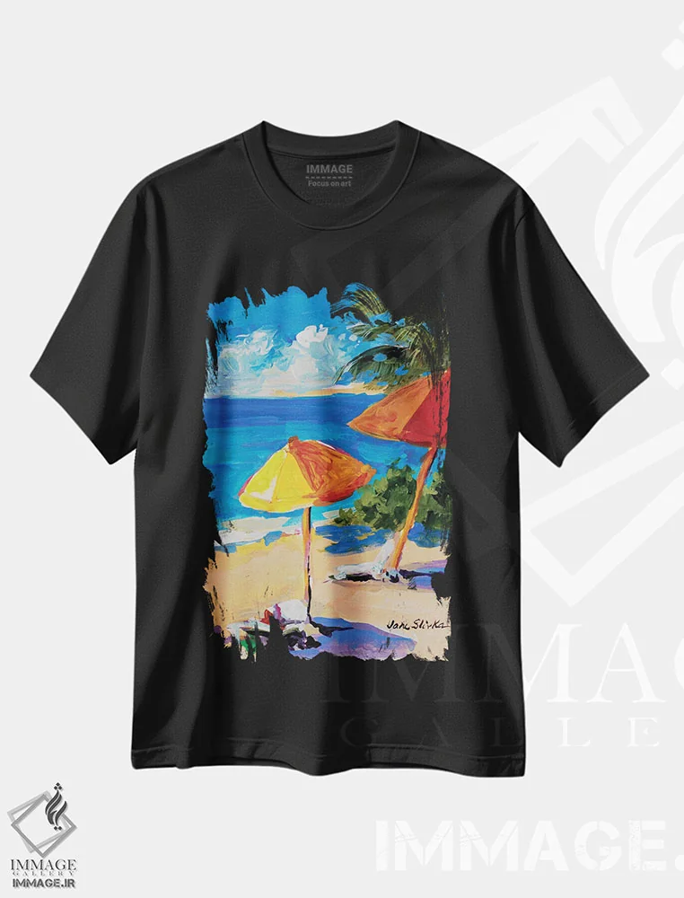 تیشرت مشکی طرح دار ساحل کارائیب، دکور ساحلی اثر جین اسلیوکا | فروشگاه ایماژ