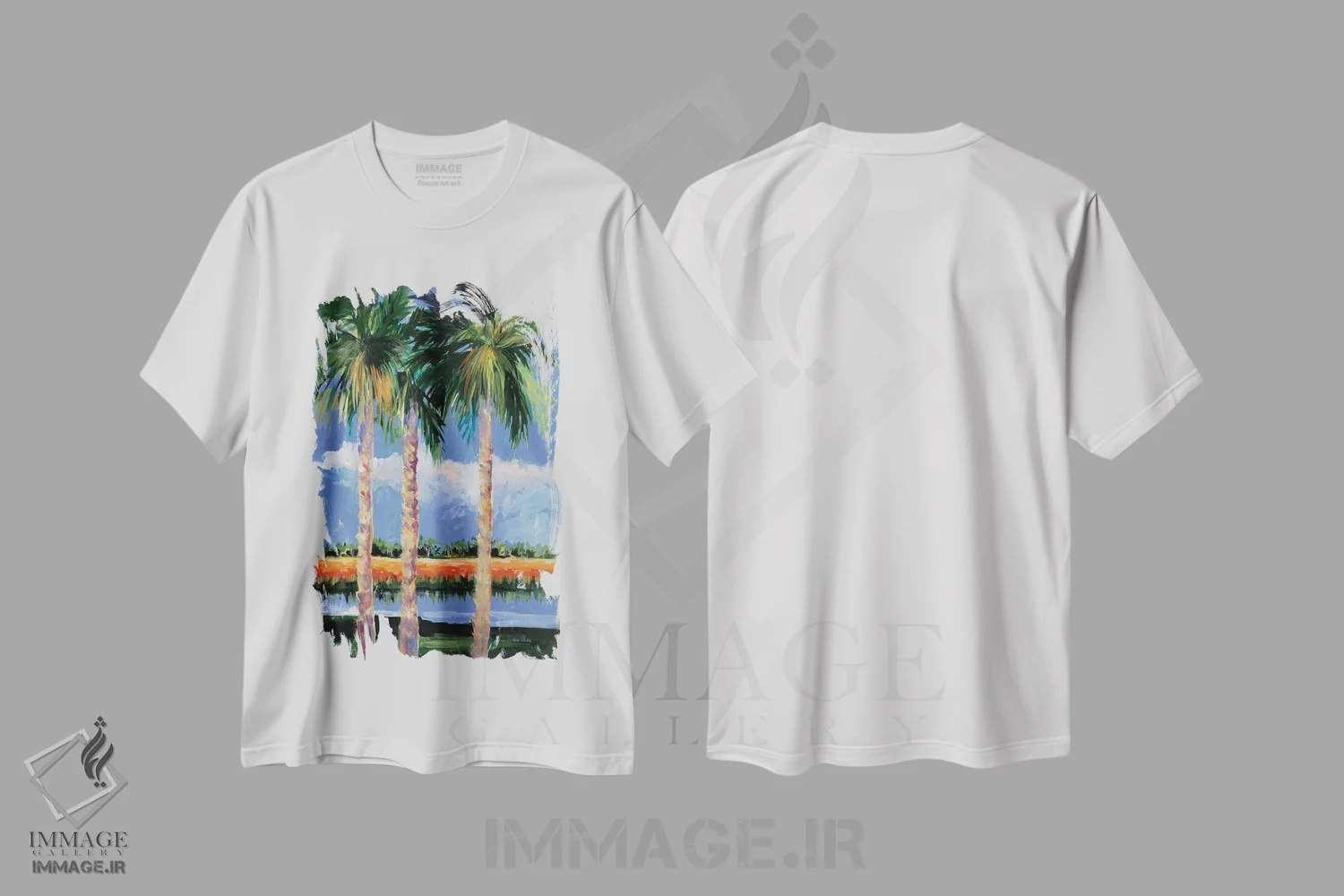 تیشرت سفید طرح دار ساحل نخل ها، دکور معاصر اثر جین اسلیوکا | immage.ir