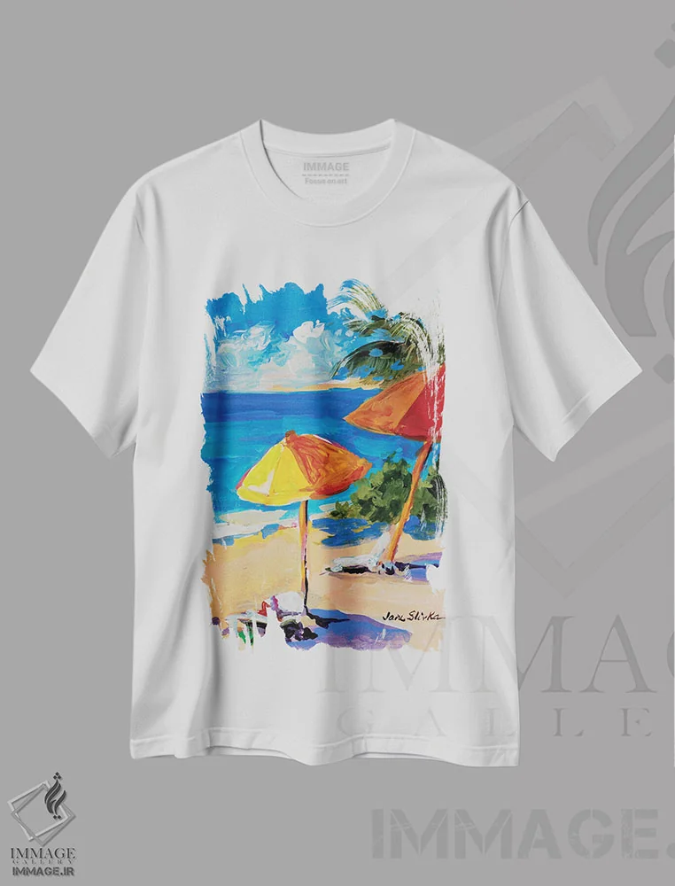 تیشرت سفید طرح دار ساحل کارائیب، دکور ساحلی اثر جین اسلیوکا | immage.ir