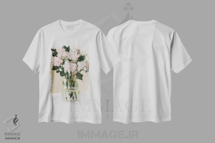 تیشرت سفید طرح دار دسته گل صورتی، دکور معاصر اثر جین اسلیوکا | فروشگاه ایماژ