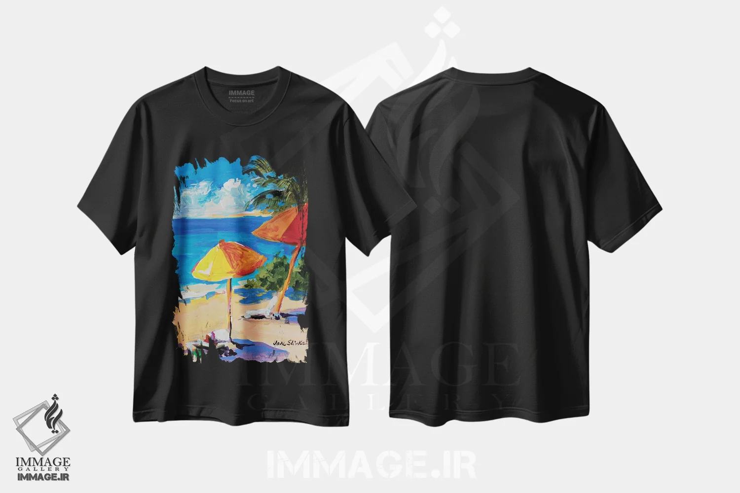 تیشرت مشکی طرح دار ساحل کارائیب، دکور ساحلی اثر جین اسلیوکا | فروشگاه ایماژ