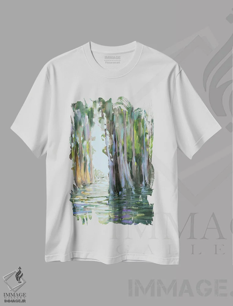 تیشرت سفید طرح دار فرار به مناطق گرمسیری، دکور معاصر اثر جین اسلیوکا | فروشگاه ایماژ
