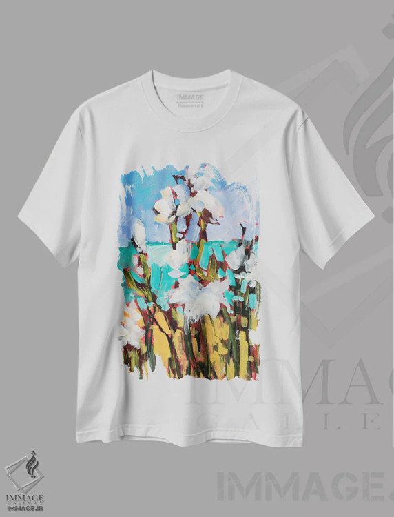 تیشرت سفید طرح دار گل ها کنار ساحل، آبستره اثر جین اسلیوکا | immage.ir
