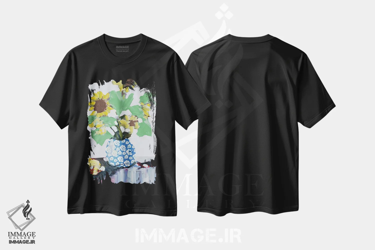 تیشرت مشکی طرح دار آفتابگردان ها در گلدان تزیینی، دکور معاصر اثر جین اسلیوکا | immage.ir