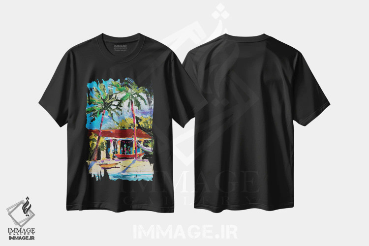 تیشرت مشکی طرح دار ساحل کارائیب، تزئینی اثر جین اسلیوکا | فروشگاه ایماژ