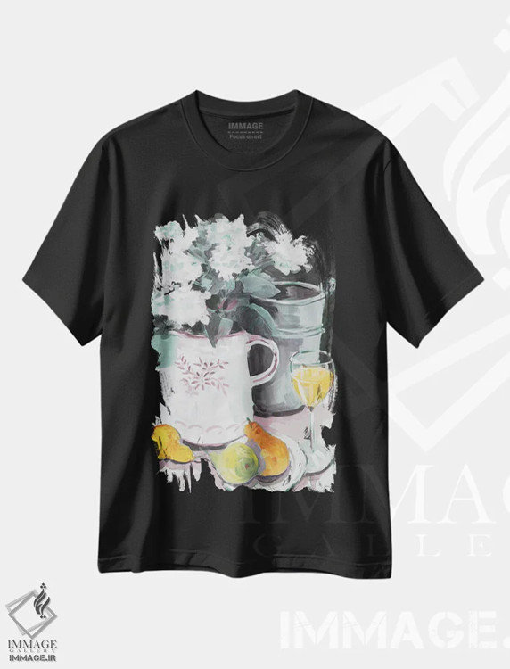 تیشرت مشکی طرح دار گلدان گل، تزئینی اثر جین اسلیوکا | فروشگاه ایماژ