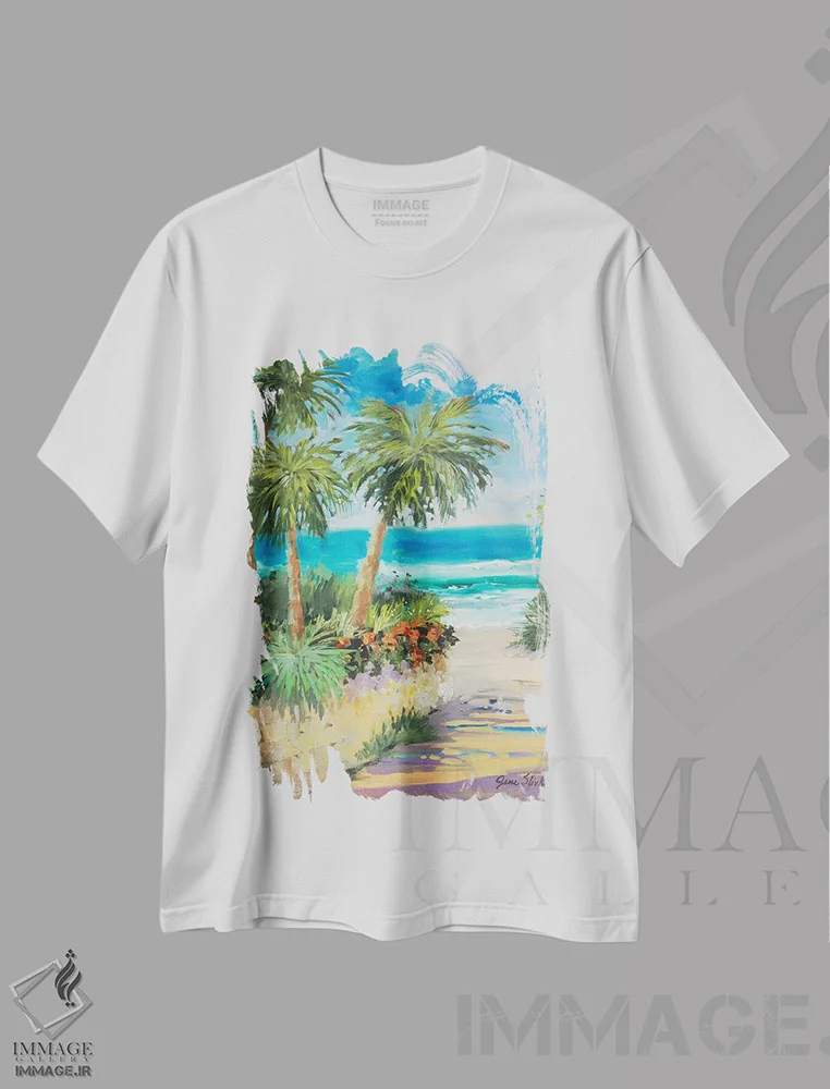 تیشرت سفید طرح دار مسیر نخل ها، تزئینی اثر جین اسلیوکا | فروشگاه ایماژ