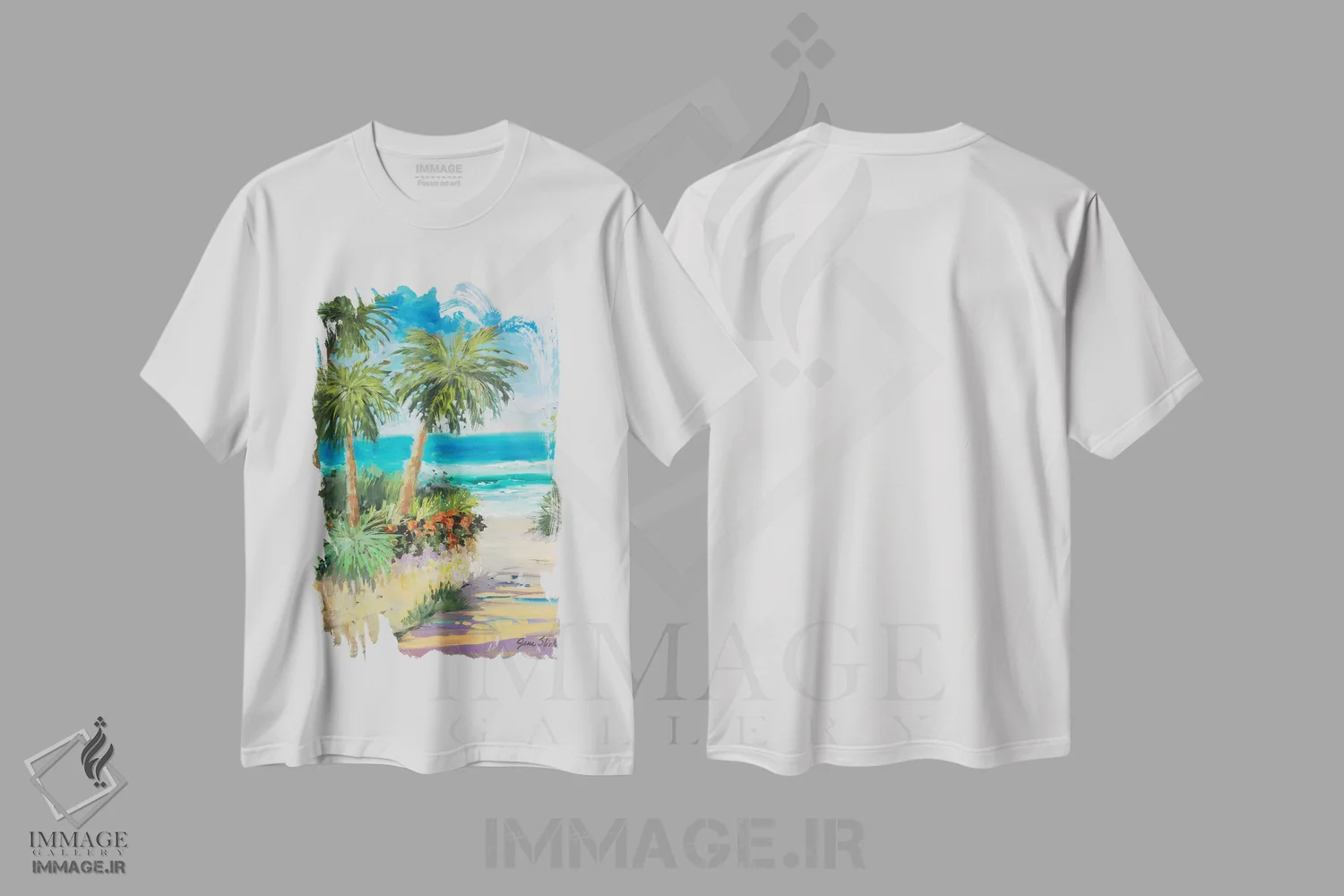 تیشرت سفید طرح دار مسیر نخل ها، تزئینی اثر جین اسلیوکا | فروشگاه ایماژ