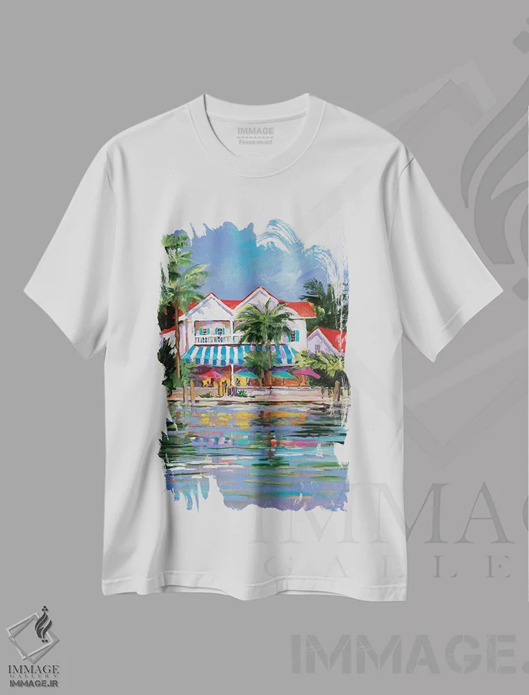 تیشرت سفید طرح دار اقامتگاه ساحلی I، تزئینی اثر جین اسلیوکا | فروشگاه ایماژ