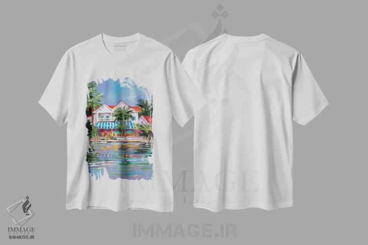 تیشرت سفید طرح دار اقامتگاه ساحلی I، تزئینی اثر جین اسلیوکا | فروشگاه ایماژ