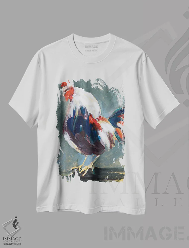 تیشرت سفید طرح دار خروس بیدار شونده، تزئینی اثر جین اسلیوکا | immage.ir