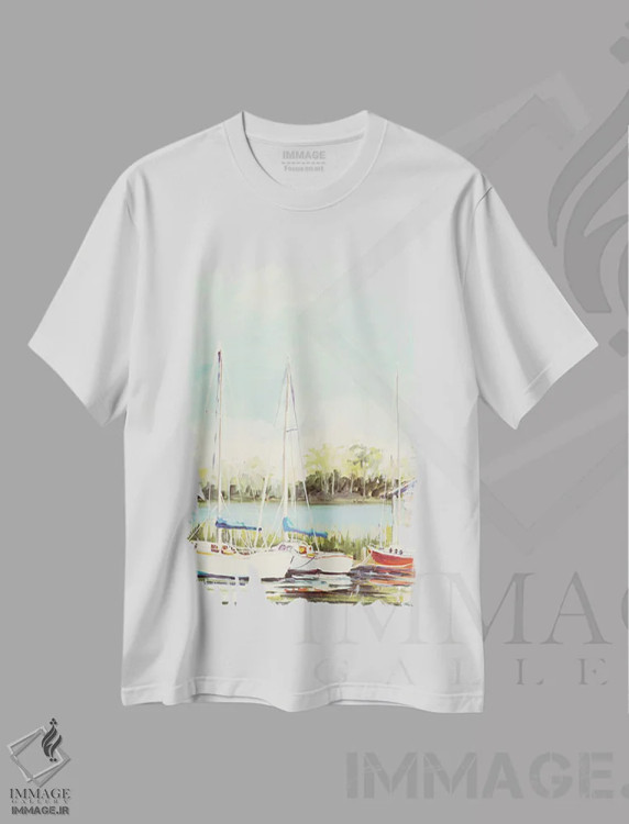 تیشرت سفید طرح دار بندر قایق های بادبانی، تزئینی اثر جین اسلیوکا | فروشگاه ایماژ
