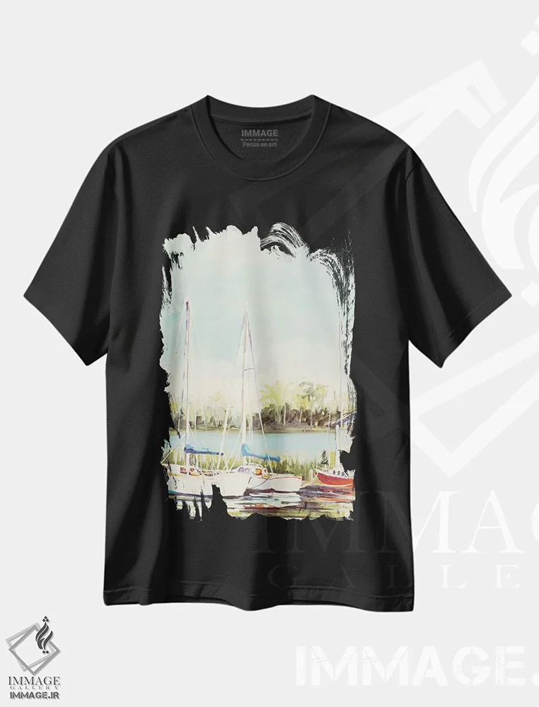 تیشرت مشکی طرح دار بندر قایق های بادبانی، تزئینی اثر جین اسلیوکا | immage.ir