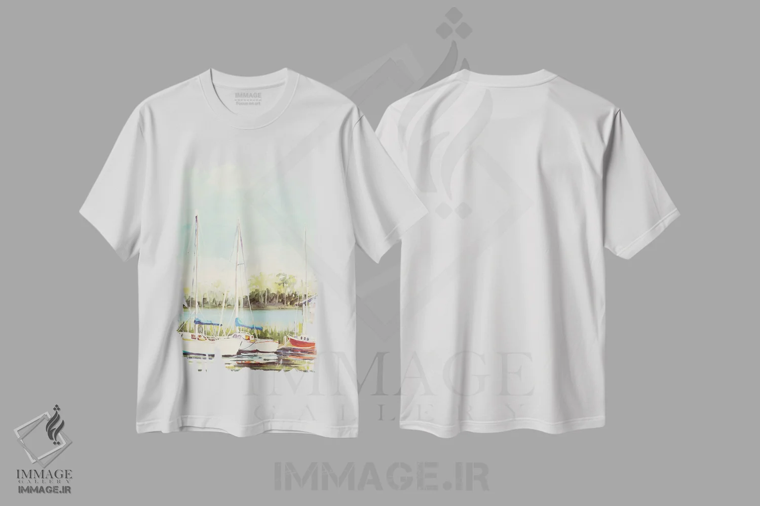 تیشرت سفید طرح دار بندر قایق های بادبانی، تزئینی اثر جین اسلیوکا | فروشگاه ایماژ