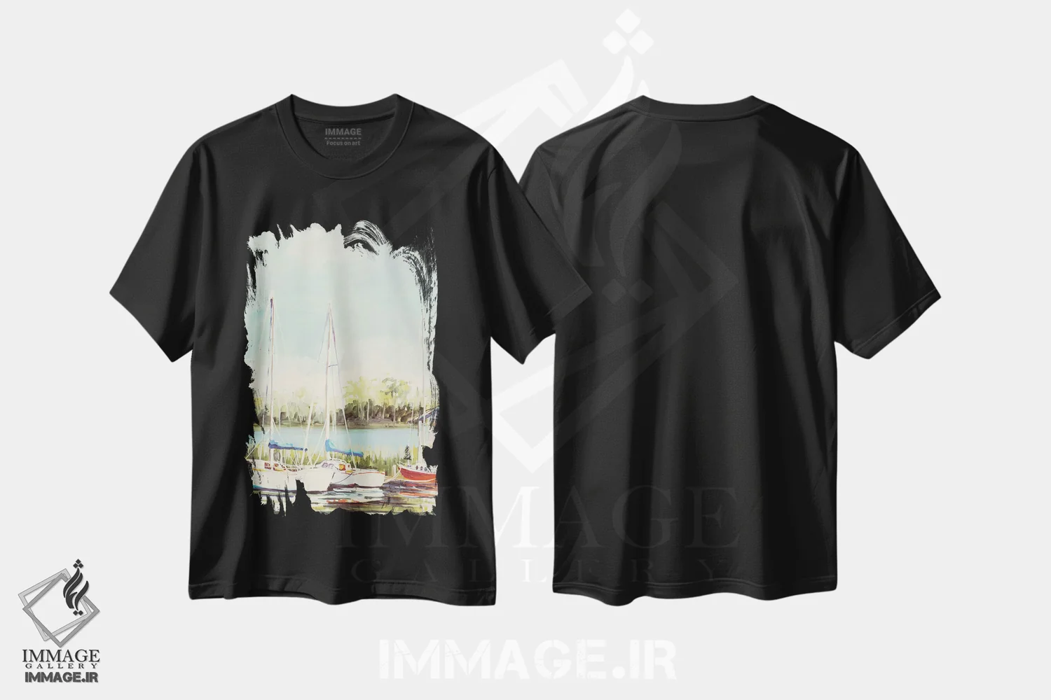 تیشرت مشکی طرح دار بندر قایق های بادبانی، تزئینی اثر جین اسلیوکا | immage.ir