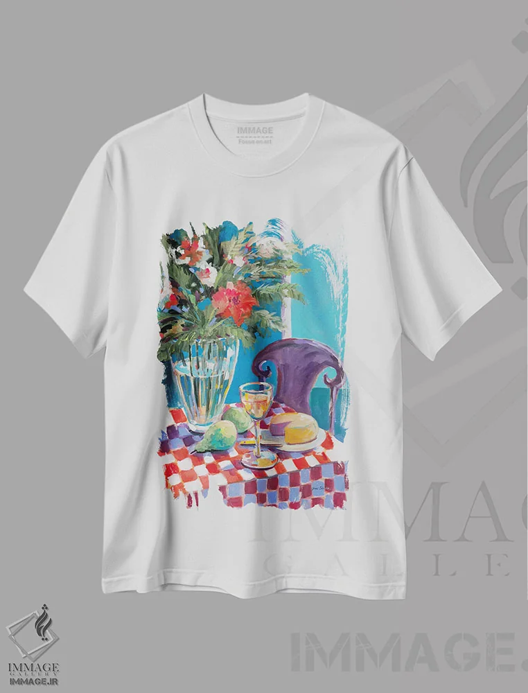 تیشرت سفید طرح دار میز یک نفره، تزئینی اثر جین اسلیوکا | فروشگاه ایماژ