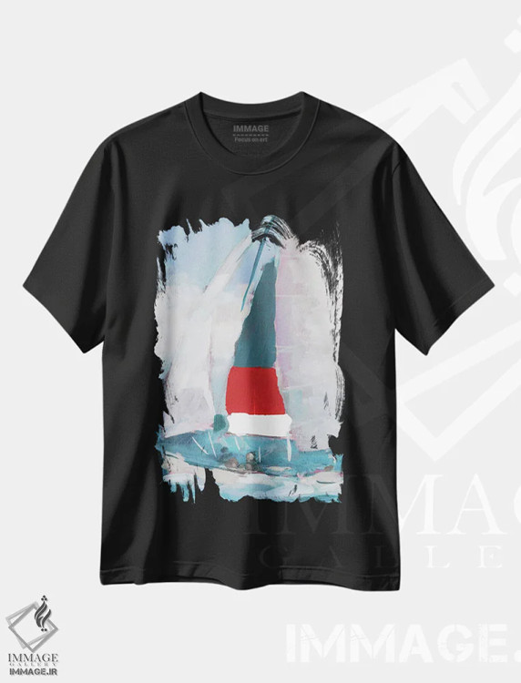 تیشرت مشکی طرح دار بادبان قرمز و آبی I، دکور ساحلی اثر جین اسلیوکا | فروشگاه ایماژ