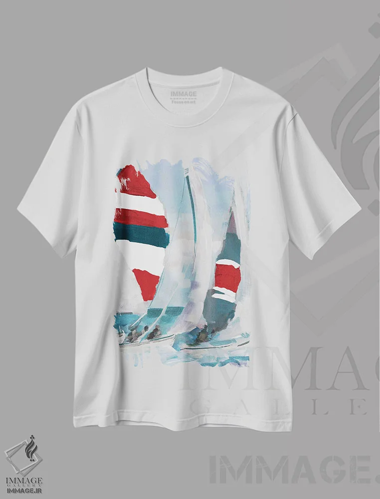 تیشرت سفید طرح دار بادبان قرمز و آبی II، دکور ساحلی اثر جین اسلیوکا | فروشگاه ایماژ