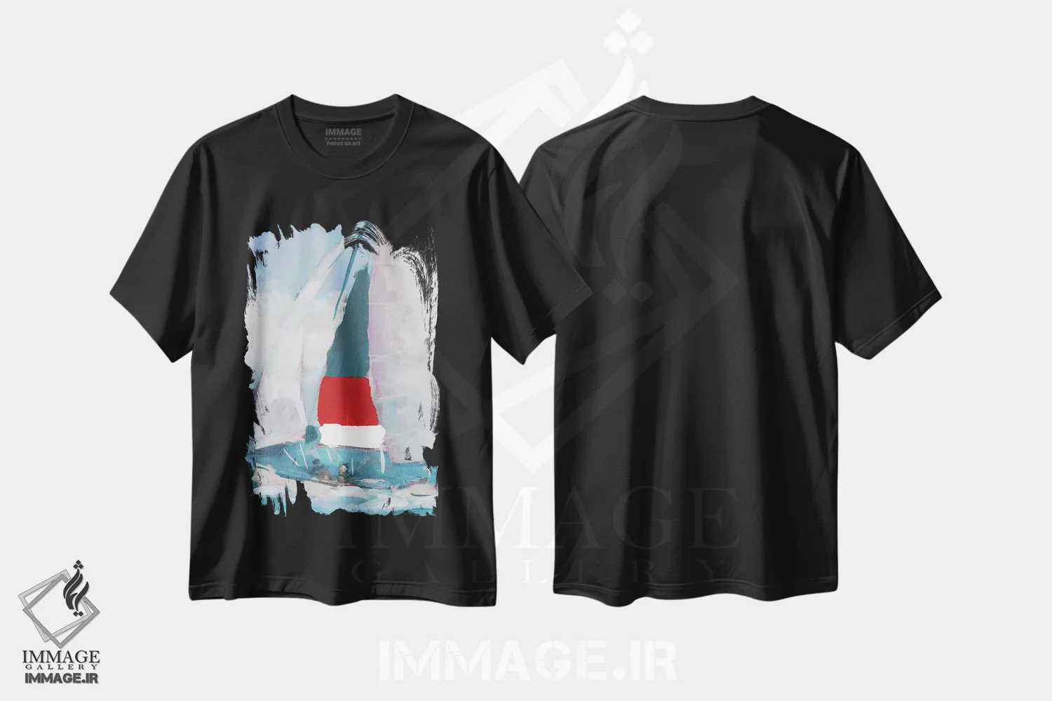 تیشرت مشکی طرح دار بادبان قرمز و آبی I، دکور ساحلی اثر جین اسلیوکا | فروشگاه ایماژ