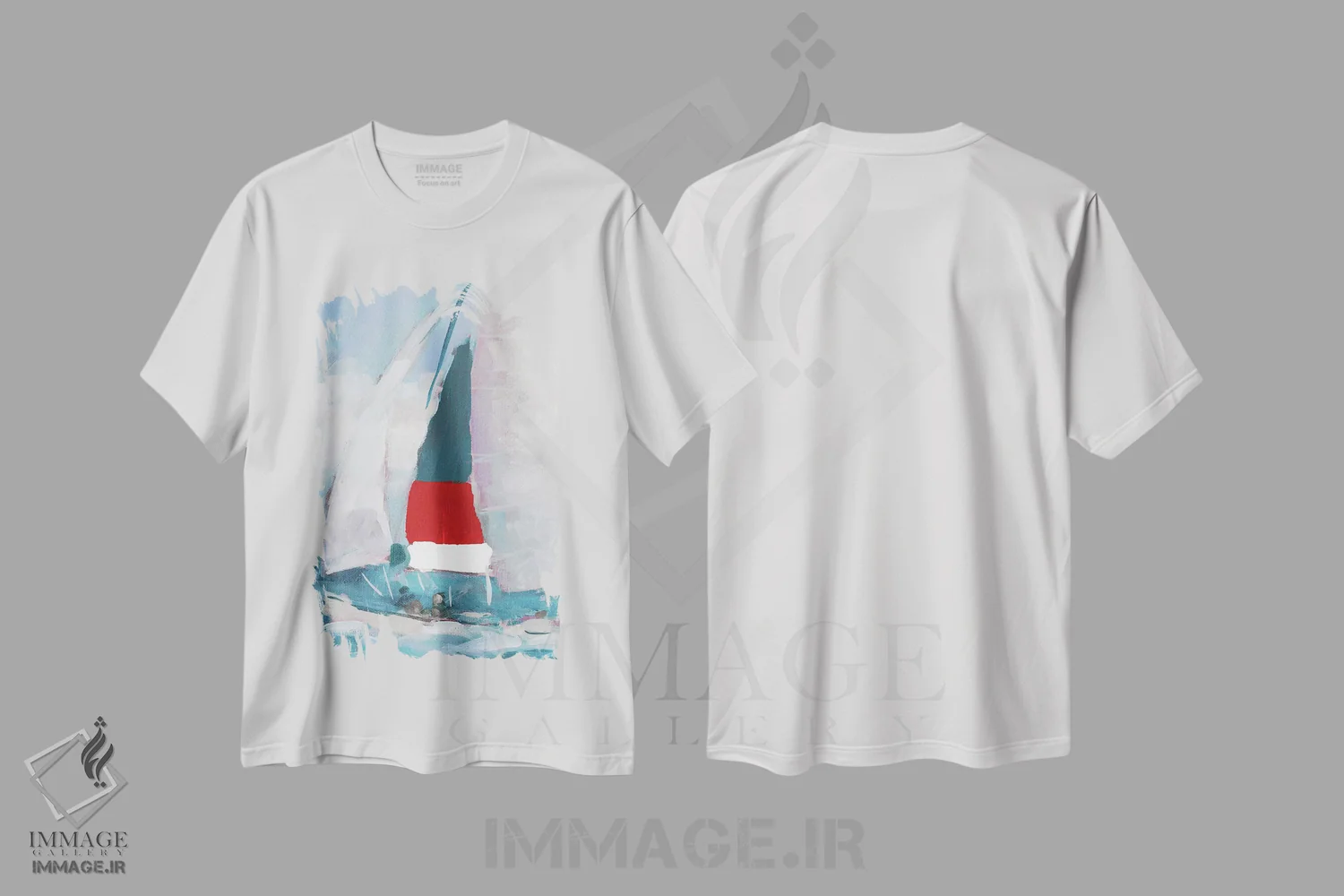 تیشرت سفید طرح دار بادبان قرمز و آبی I، دکور ساحلی اثر جین اسلیوکا | immage.ir