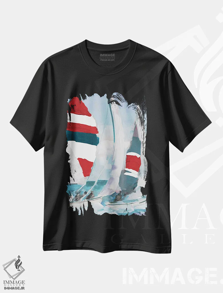 تیشرت مشکی طرح دار بادبان قرمز و آبی II، دکور ساحلی اثر جین اسلیوکا | immage.ir
