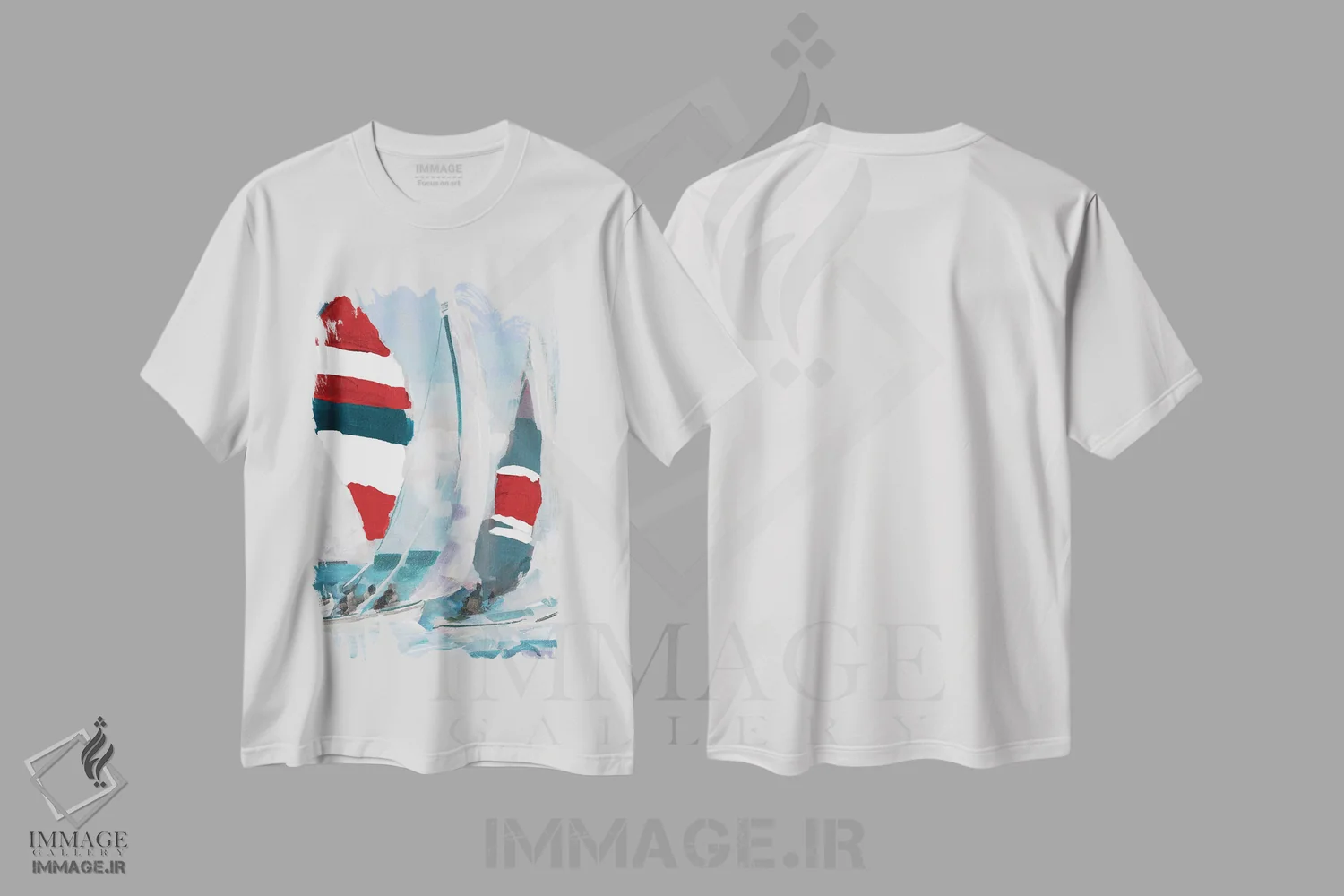 تیشرت سفید طرح دار بادبان قرمز و آبی II، دکور ساحلی اثر جین اسلیوکا | فروشگاه ایماژ