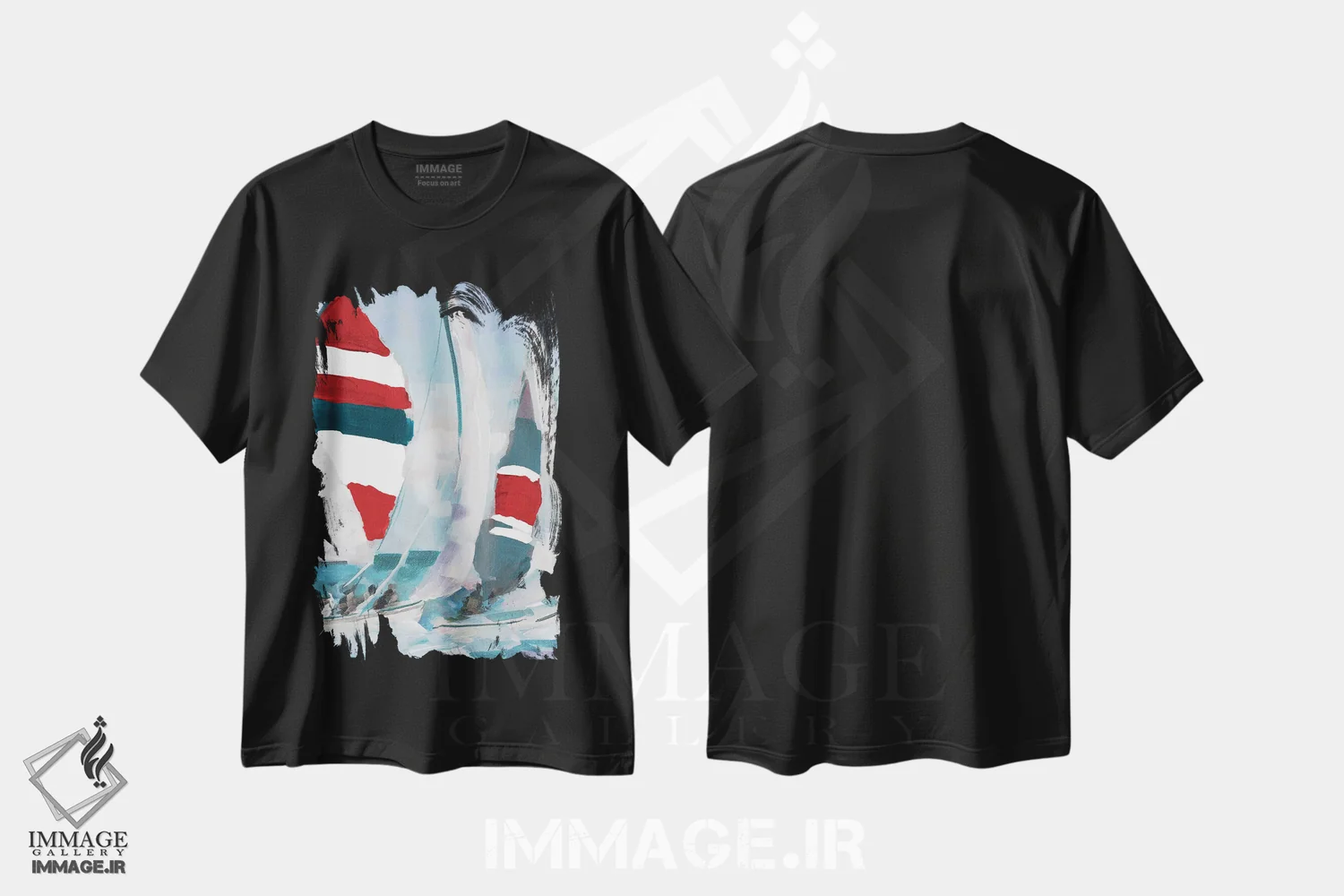 تیشرت مشکی طرح دار بادبان قرمز و آبی II، دکور ساحلی اثر جین اسلیوکا | immage.ir