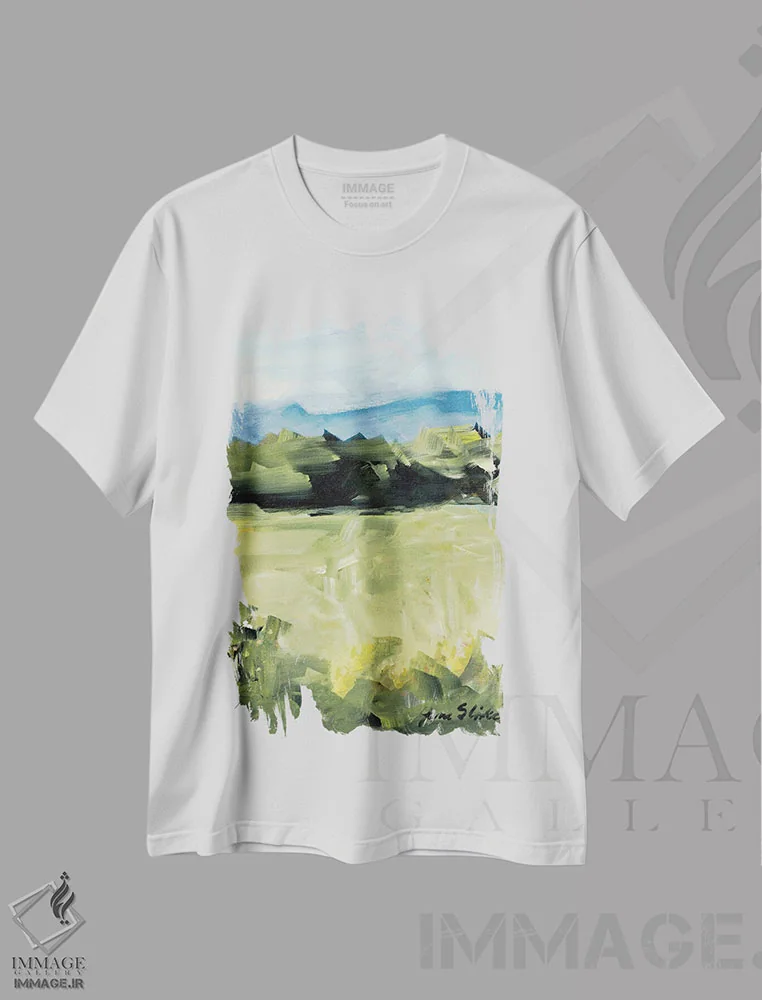 تیشرت سفید طرح دار منظر انتزاعی اثر جین اسلیوکا | فروشگاه ایماژ