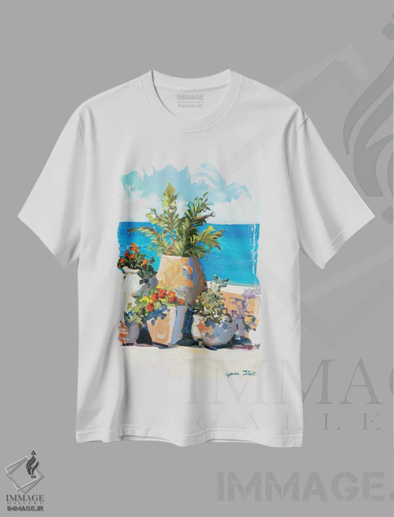 تیشرت سفید طرح دار سبزینه ساحلی، دکور ساحلی اثر جین اسلیوکا | immage.ir