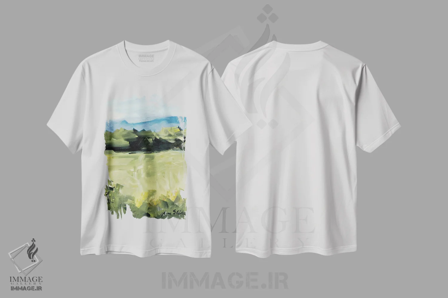 تیشرت سفید طرح دار منظر انتزاعی اثر جین اسلیوکا | فروشگاه ایماژ