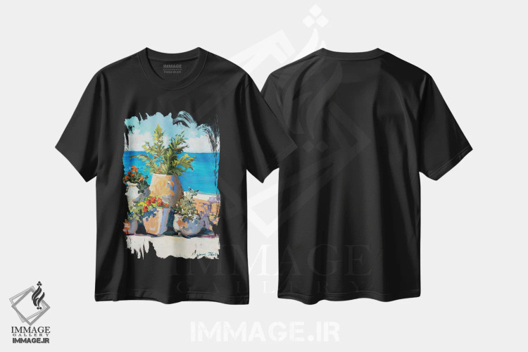 تیشرت مشکی طرح دار سبزینه ساحلی، دکور ساحلی اثر جین اسلیوکا | فروشگاه ایماژ