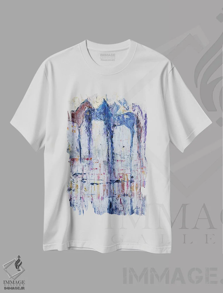 تیشرت سفید طرح دار آپالوسای آبی، آبستره اثر جولیان اسپنسر | فروشگاه ایماژ