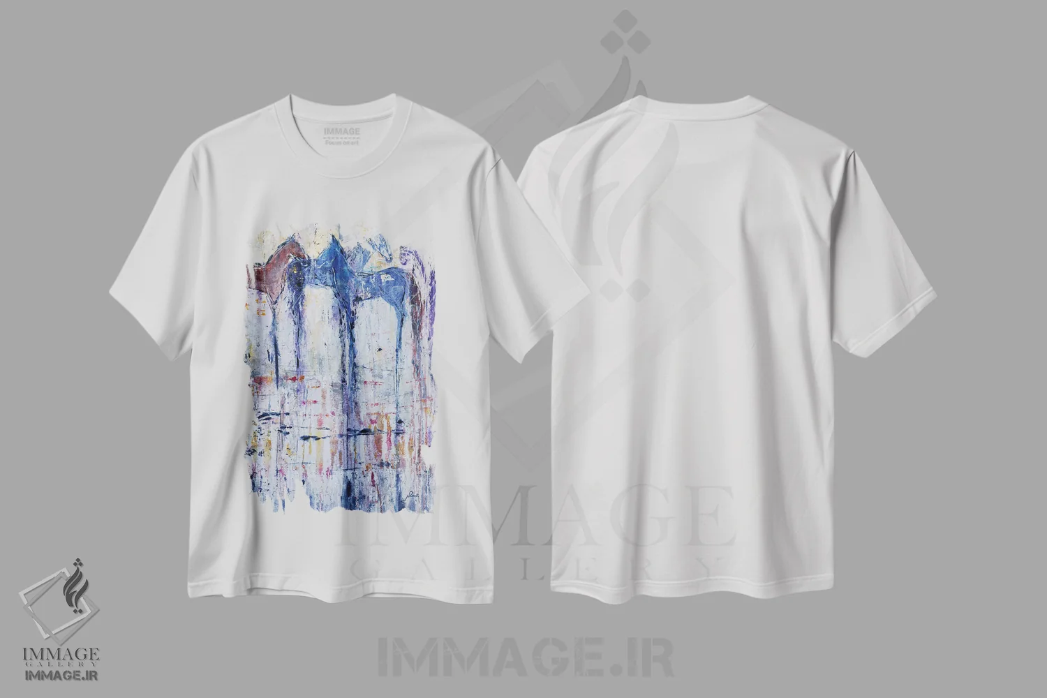 تیشرت سفید طرح دار آپالوسای آبی، آبستره اثر جولیان اسپنسر | فروشگاه ایماژ