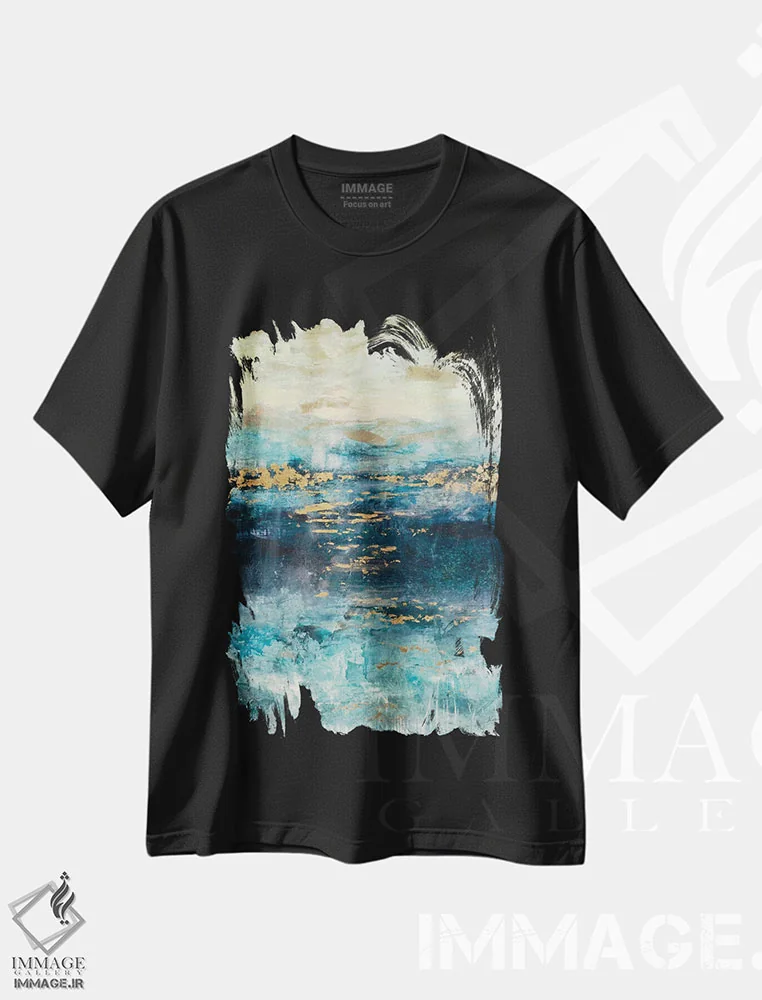 تیشرت مشکی طرح دار چشم انداز فیروزه ای و طلایی، آبستره اثر جولیان اسپنسر | فروشگاه ایماژ