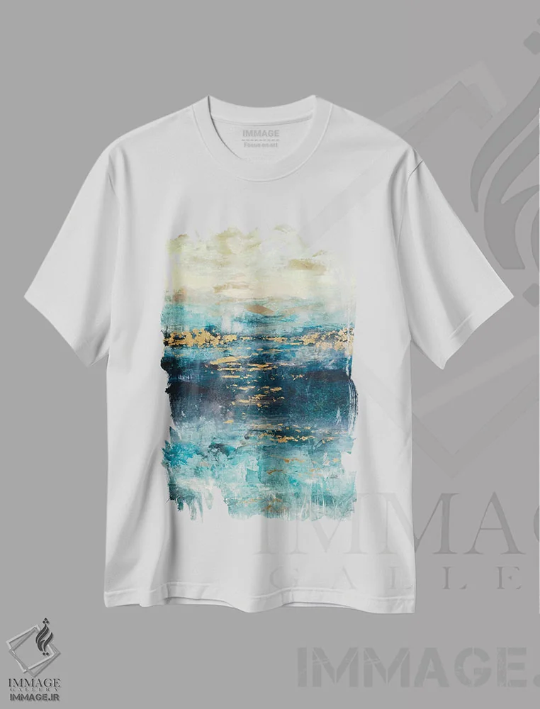 تیشرت سفید طرح دار چشم انداز فیروزه ای و طلایی، آبستره اثر جولیان اسپنسر | immage.ir