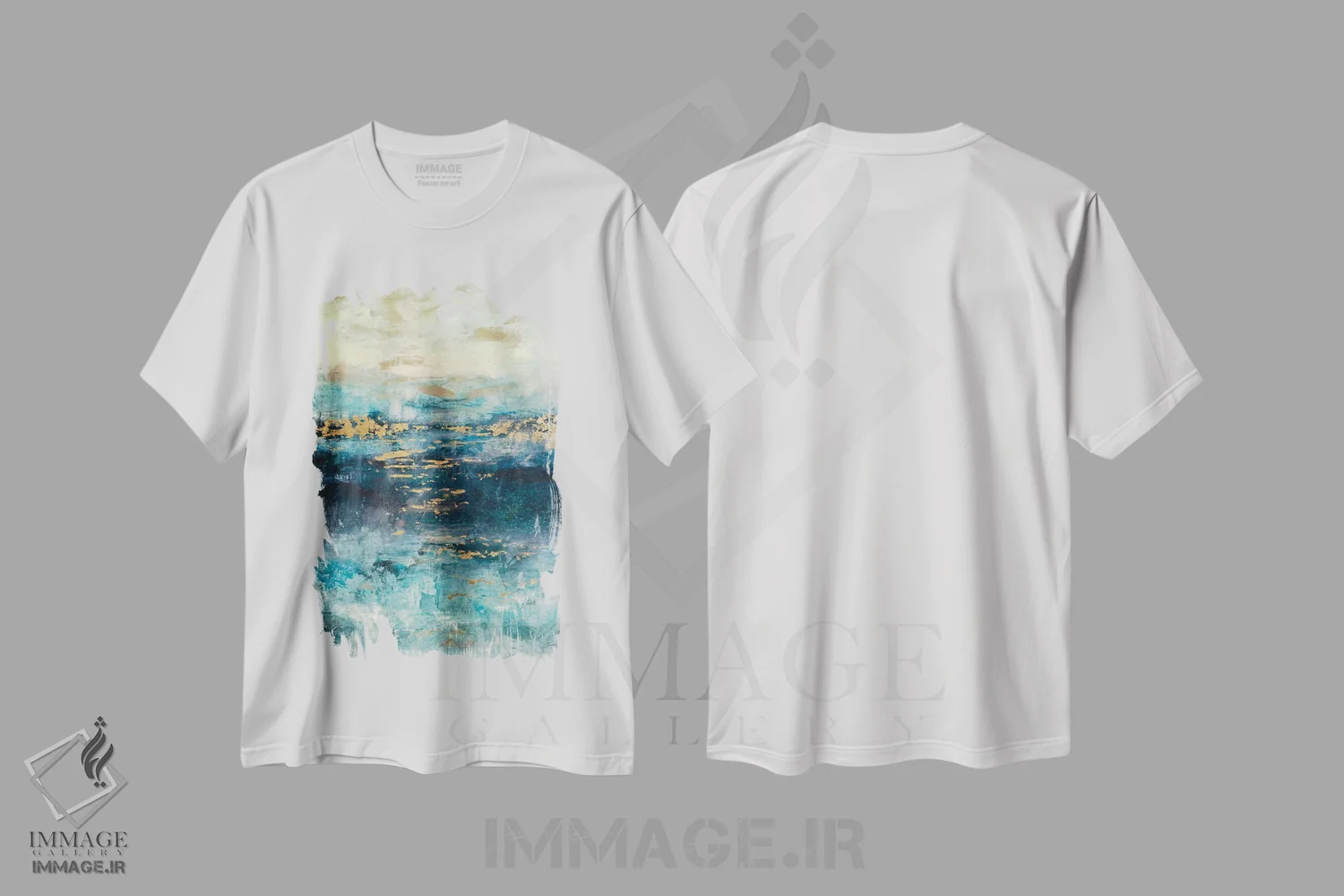 تیشرت سفید طرح دار چشم انداز فیروزه ای و طلایی، آبستره اثر جولیان اسپنسر | immage.ir