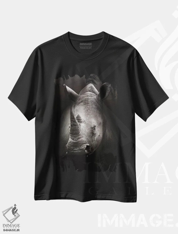 تیشرت مشکی طرح دار پرتره کرگدن، عکاسی سیاه و سفید اثر یوهان سوانپوئل | فروشگاه ایماژ