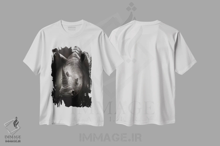 تیشرت سفید طرح دار پرتره کرگدن، عکاسی سیاه و سفید اثر یوهان سوانپوئل | immage.ir