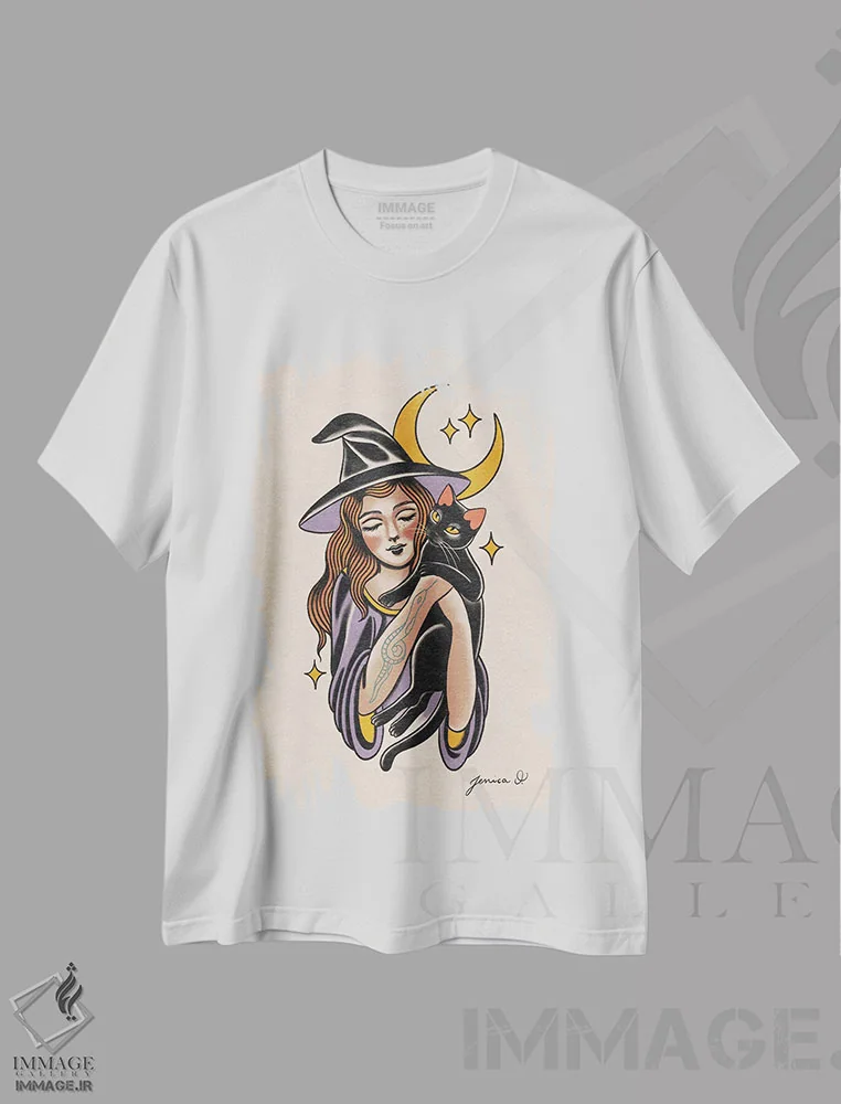 تیشرت سفید طرح دار جادوگر شیرین، دکوراسیون جایگزین اثر جسیکا اُ. | فروشگاه ایماژ