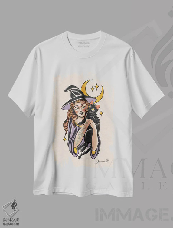 تیشرت سفید طرح دار جادوگر شیرین، دکوراسیون جایگزین اثر جسیکا اُ. | فروشگاه ایماژ