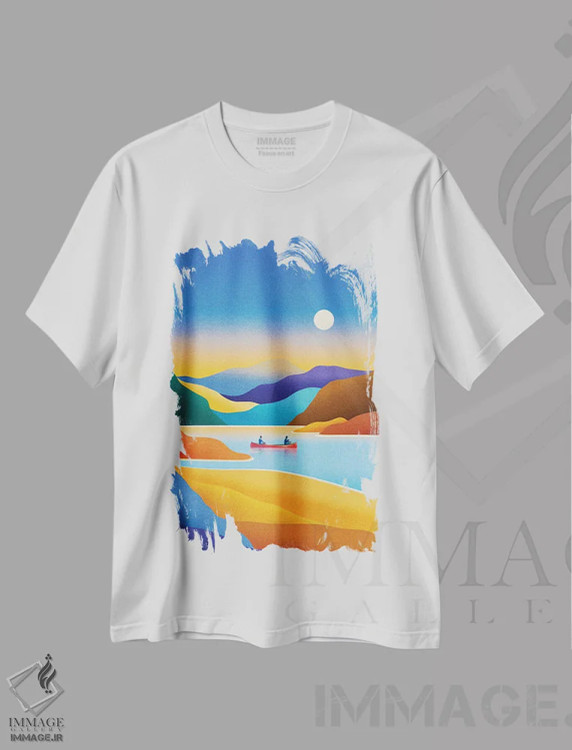 تیشرت سفید طرح دار پارو زدن در آرامش، تزئینی اثر استون کلاژز | فروشگاه ایماژ