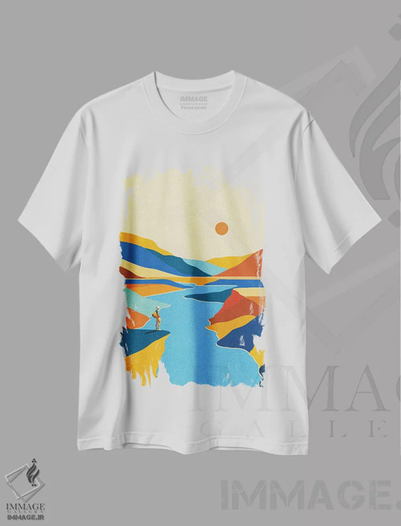 تیشرت سفید طرح دار منظره آرامش بخش، تزئینی اثر استون کلاژز | فروشگاه ایماژ