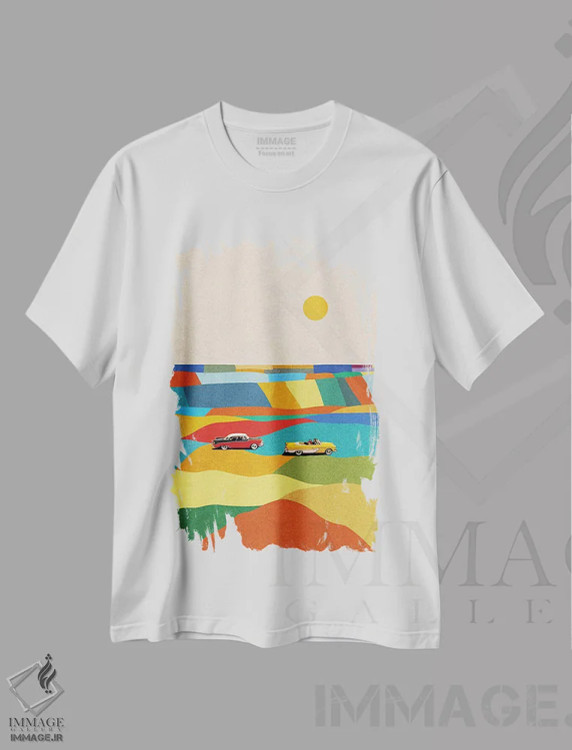 تیشرت سفید طرح دار در مسیر، تزئینی اثر استون کلاژز | فروشگاه ایماژ