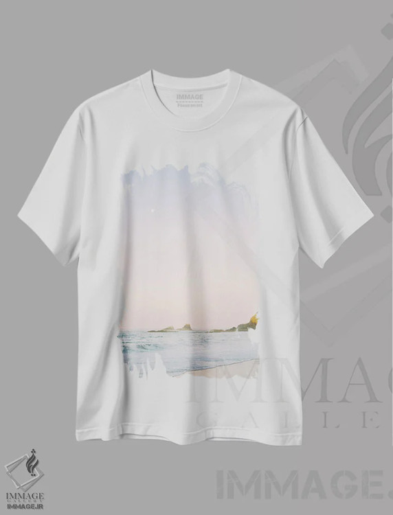 تیشرت سفید طرح دار طلوع آفتاب در ساحل غربی، مدیوم اثر جاستین میلتون | immage.ir
