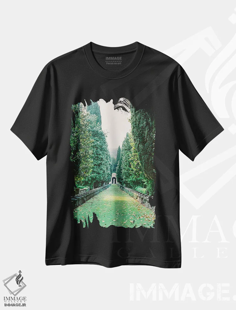 تیشرت مشکی طرح دار باغ های ایتالیا، مدیوم اثر جاستین میلتون | immage.ir
