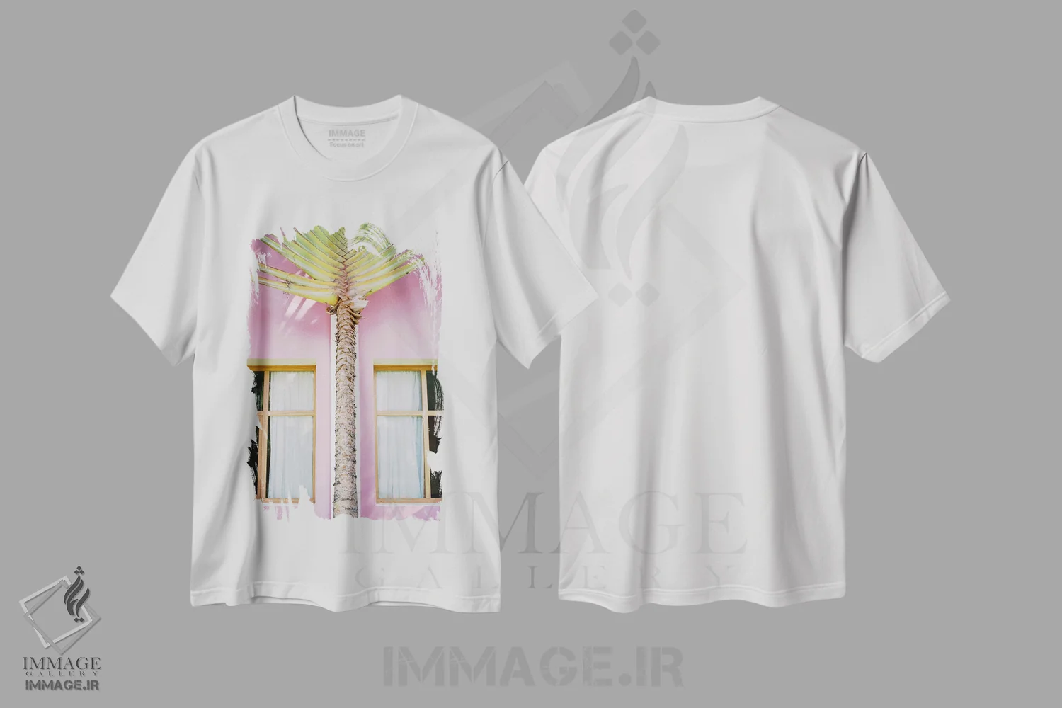 تیشرت سفید طرح دار درختان گرمسیری، مدیوم اثر جاستین میلتون | immage.ir