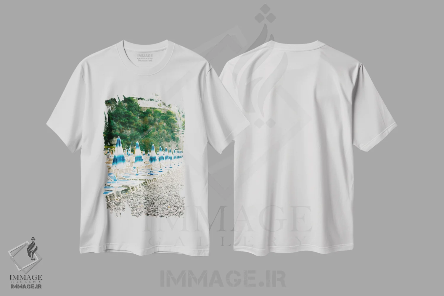 تیشرت سفید طرح دار ساحل پوزیتانو، مدیوم اثر جاستین میلتون | فروشگاه ایماژ