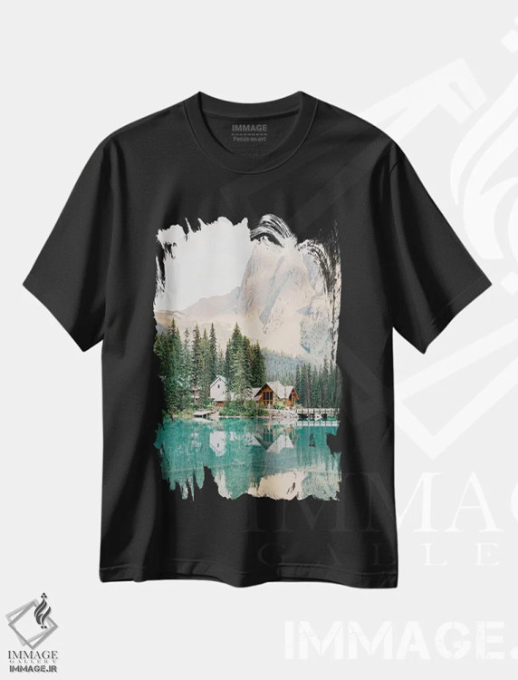 تیشرت مشکی طرح دار کلبه دریاچه ای در کوهستان، مدیوم اثر جاستین میلتون | فروشگاه ایماژ