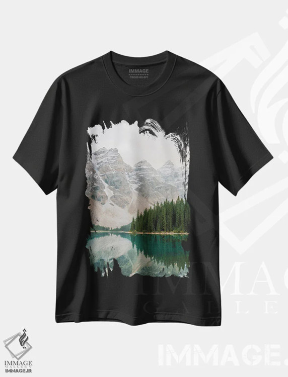 تیشرت مشکی طرح دار بازتاب دریاچه فیروزه ای، مدیوم اثر جاستین میلتون | immage.ir