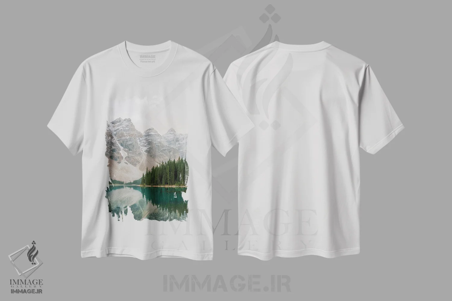 تیشرت سفید طرح دار بازتاب دریاچه فیروزه ای، مدیوم اثر جاستین میلتون | فروشگاه ایماژ